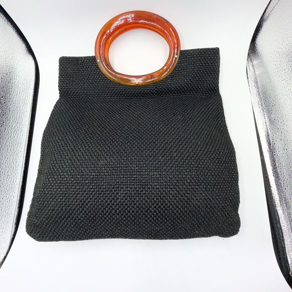 Vintage Black Floral Needlepoint Handbag Lucite Handle Tapestry Purse 60s 70s - Picture 3 of 8